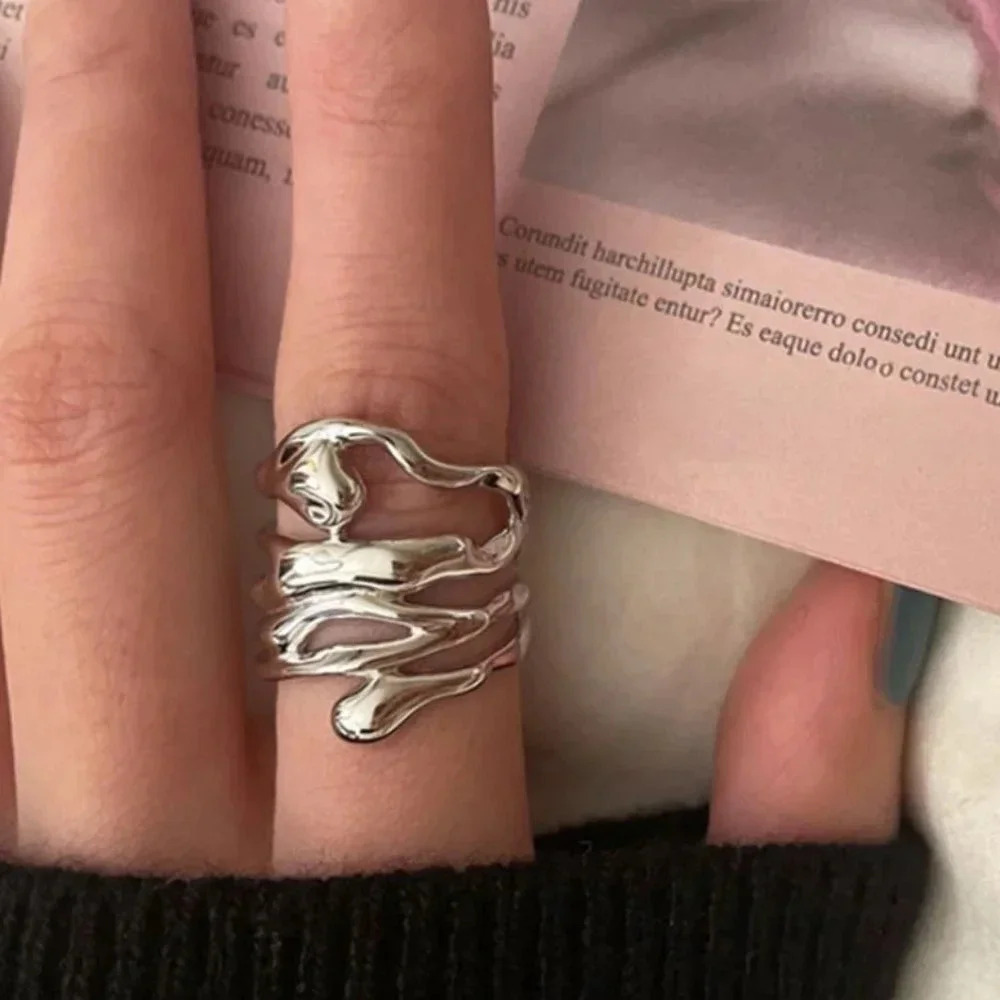 925 Sterling Silver Chunky Silver Drip Ring Twist Wrap Geometric Abstract Ring